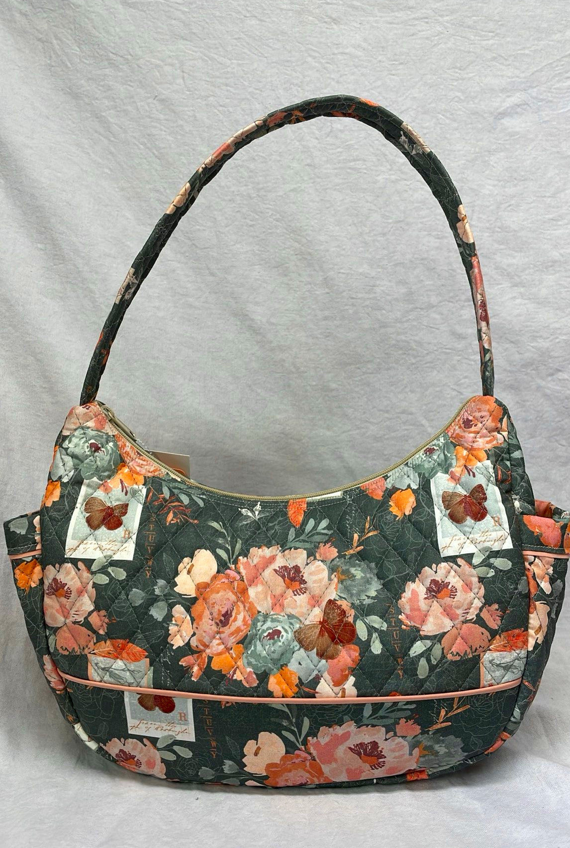 Gray and Coral Flowers Large Shoulder Purse