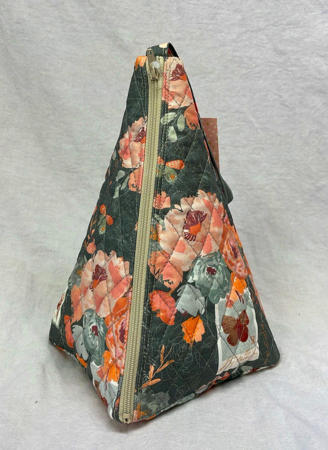 Gray and Coral Flowers Medium Pyramid Bag