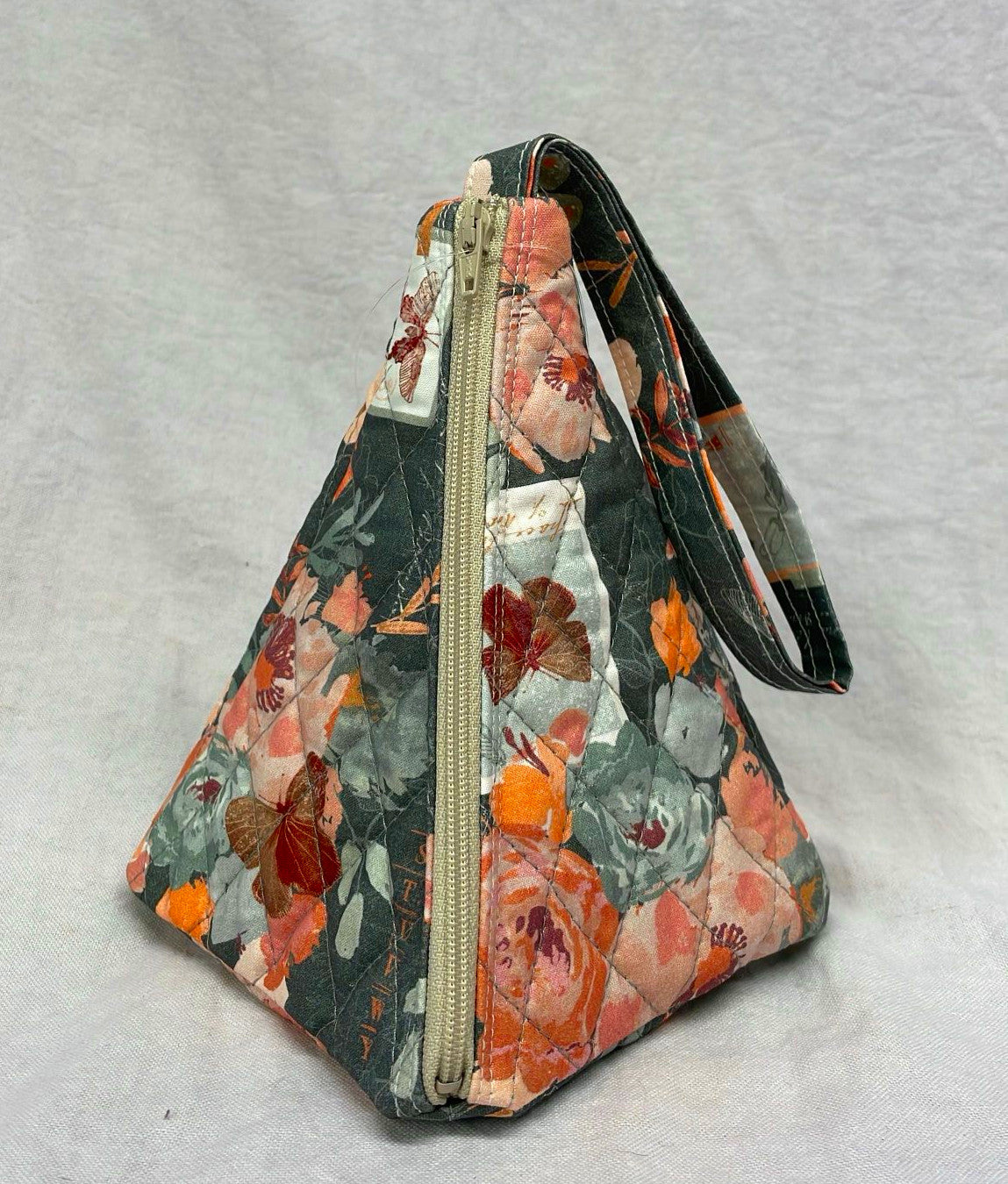 Gray and Coral Flowers Small Pyramid Knitting Bag